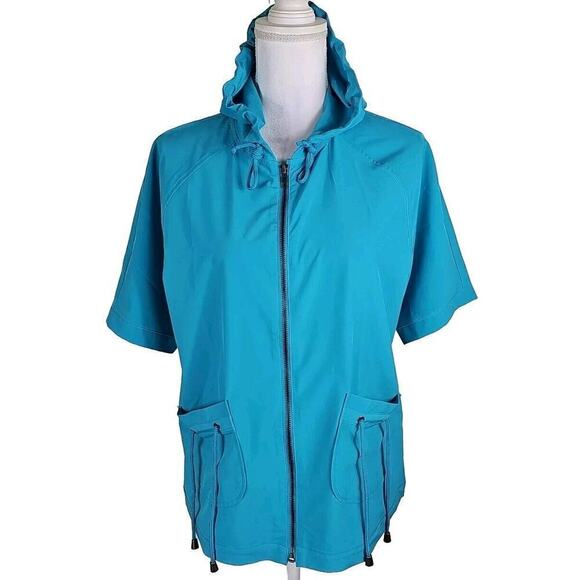 Additions by Chico's ~Size 1 (US M)~ Blue Hooded Short Sleeve Full Zip Jacket. - Picture 7 of 9